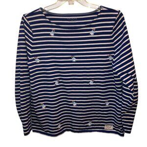 Talbots Womens XL Blue Striped Nautical French Bulldog Long Sleeve Top Shirt